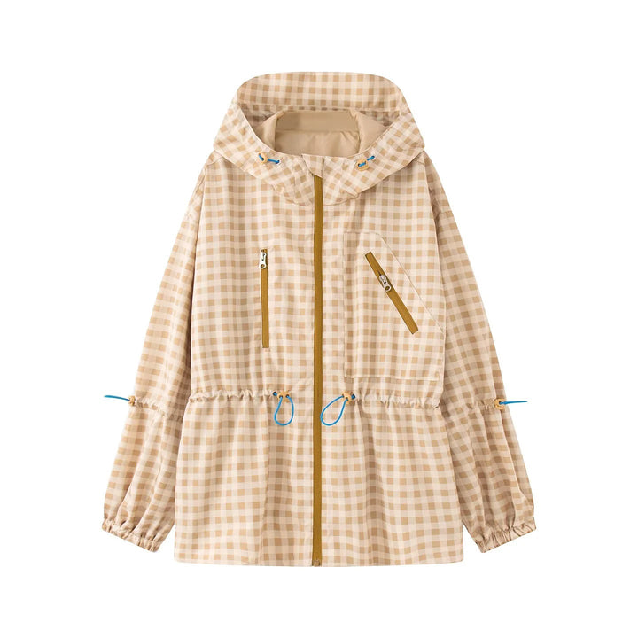 Damska checkered deszczem parka z kaptur, ściągacz Talia i diagonal zippered Kieszenie