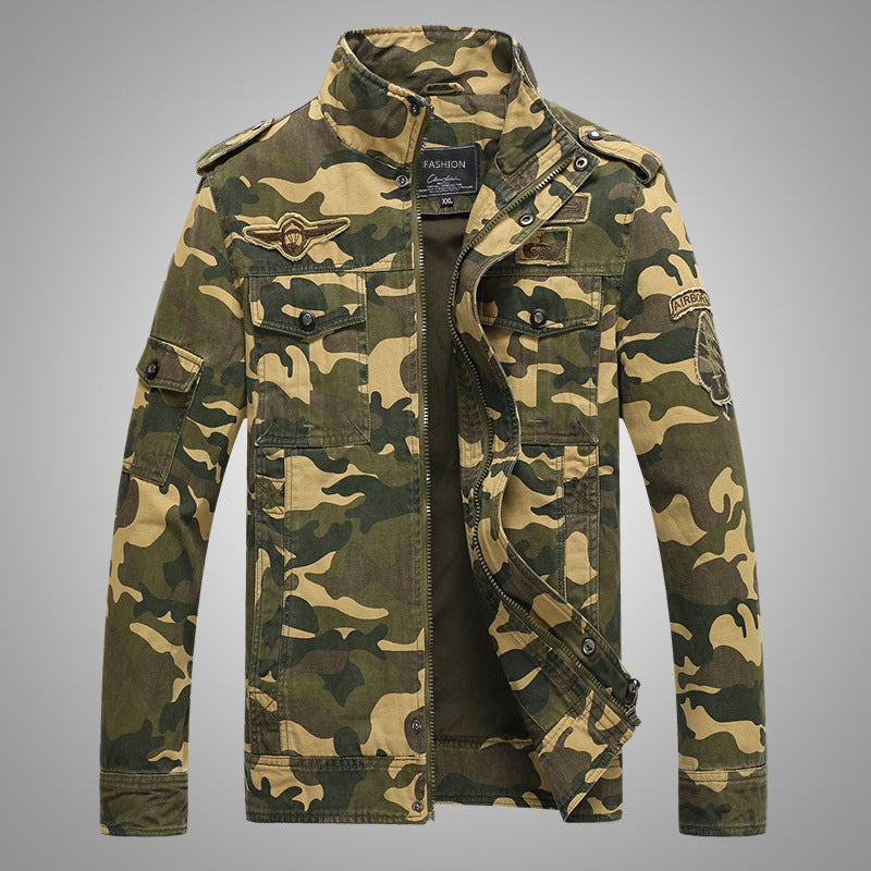 Męska Moro field kurtka z trwały canvas z epaulettes, multiple kieszeniami i stójką
