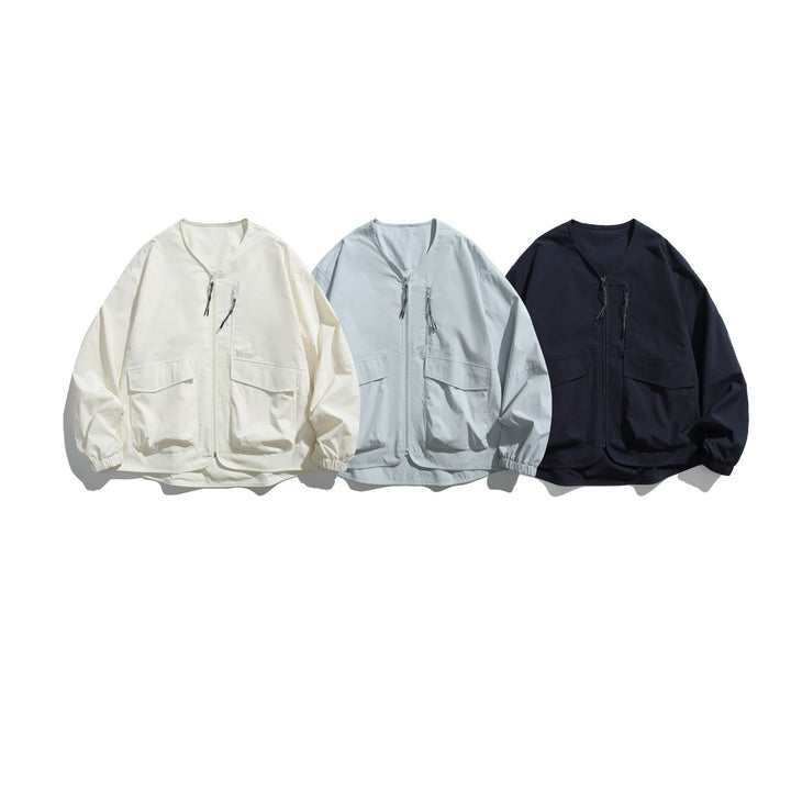 Męska krótka kurtka z V-neck, two-way zamkiems i utility kieszeniami