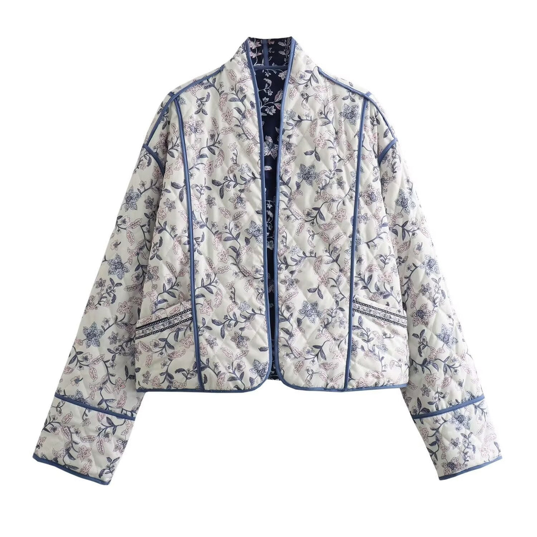 Damska pikowana kimono kurtka z kwiatowa all-over pattern i contrasting piping Lumaza