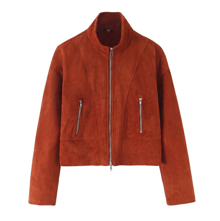 Damska krótka kurtka in boxy krótka cut made of faux suede z ze stójką i metalowym zamkiem błyskawicznyms Lumaza
