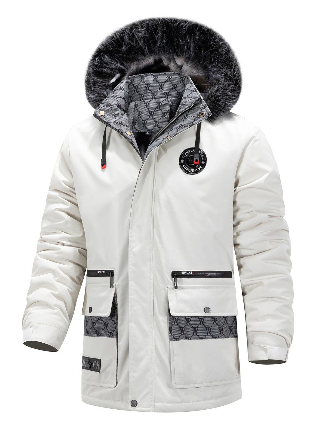 Męska długa termiczny parka z kapturem, Logo Lwwg i Multifunctional kieszeniami