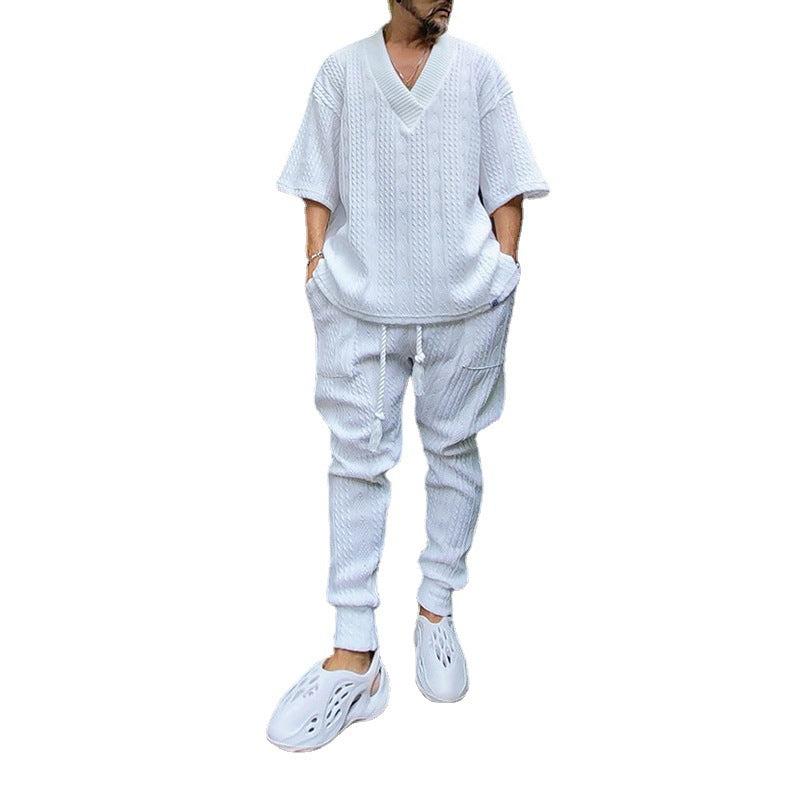 Męska Coarse Dzianina Lounge Set z Deep V-Neck i Ściągacz Joggery