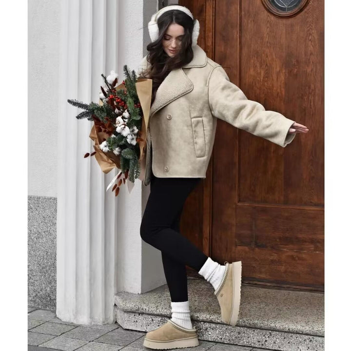 Damska boxy kurtka made of Faux Shearling z dużymi Teddy kołnierzem i Side kieszeniami Lumaza