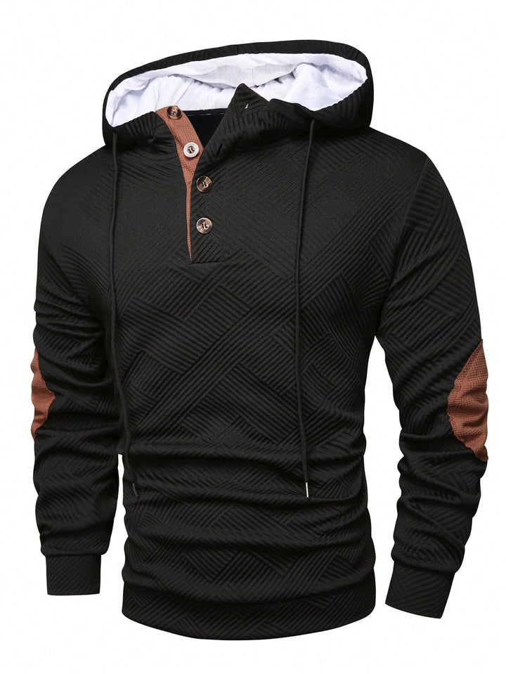 Męska strukturalny bluza z kapturem w Henley Styl z kontrastowy wykończenie i elbow patches