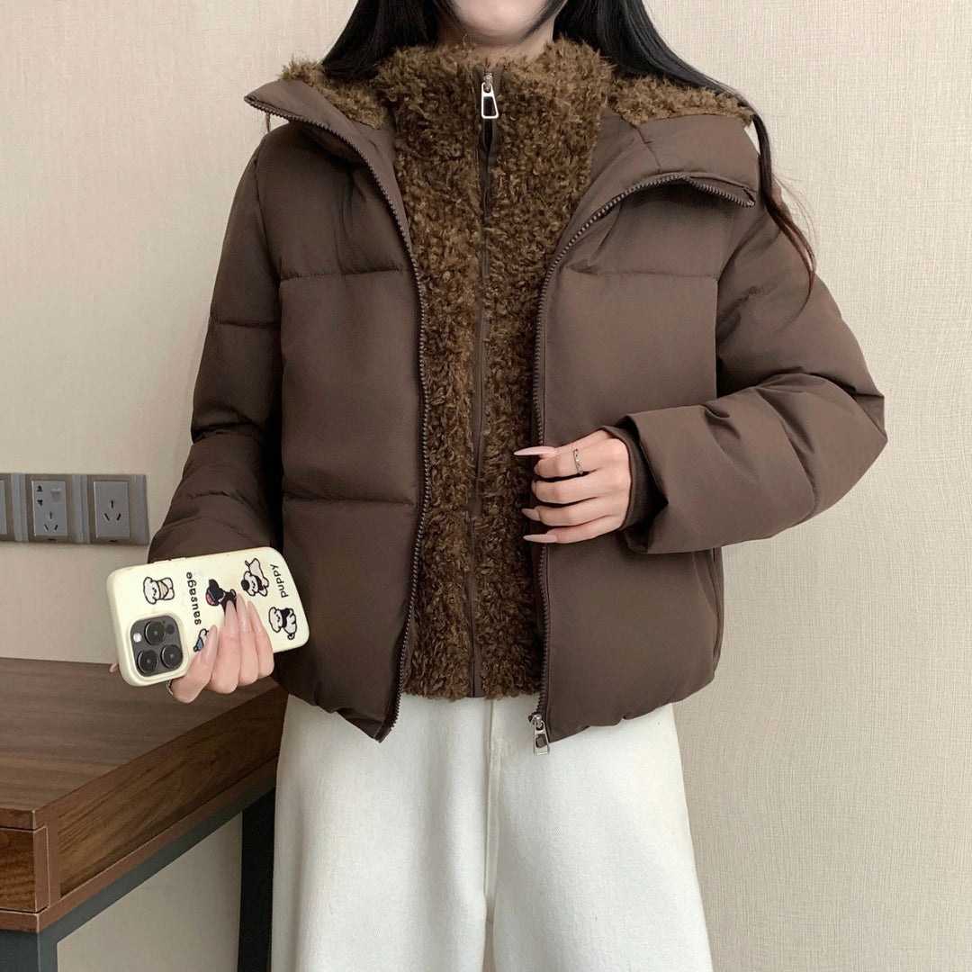 Damska krótka ocieplana podwójna kurtka z detachable teddy inner lining i high ze stójką Lumaza