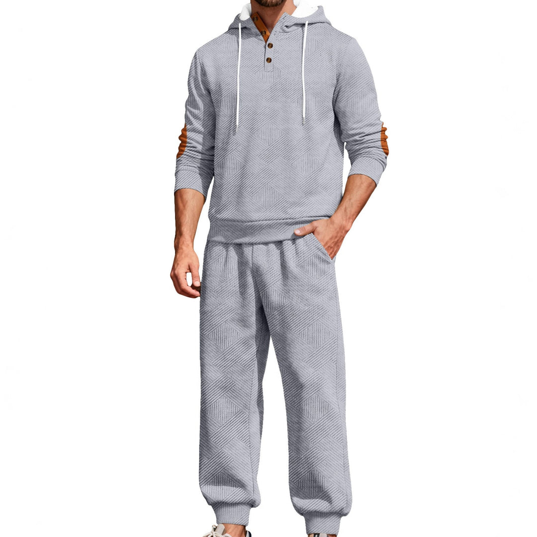 Męska textured bluza z kapturem jogging set z Henley Listwa guzikowa i kontrastowy elbow patches