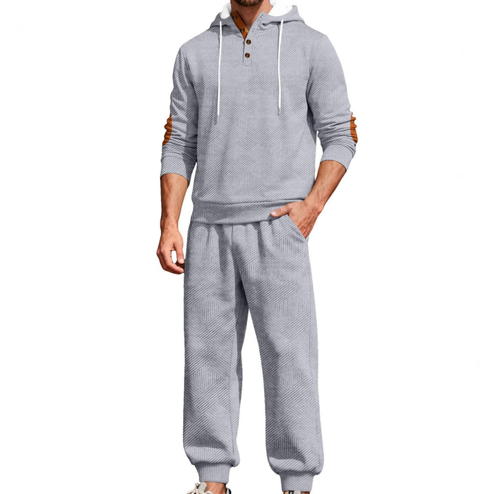 Męska textured bluza z kapturem jogging set z Henley Listwa guzikowa i kontrastowy elbow patches