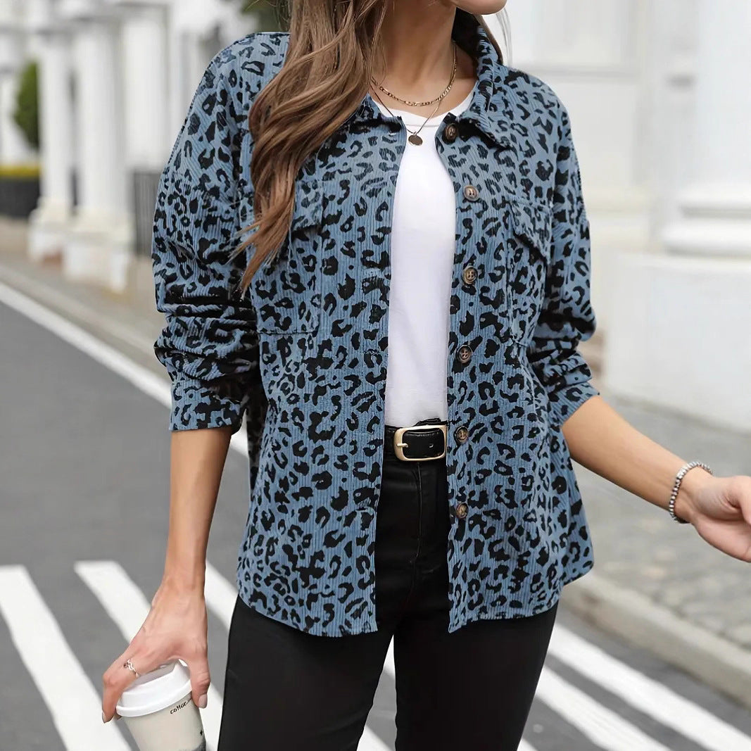 Damska oversize koszulowa kurtka in Cord Look z Leopard Print Lumaza