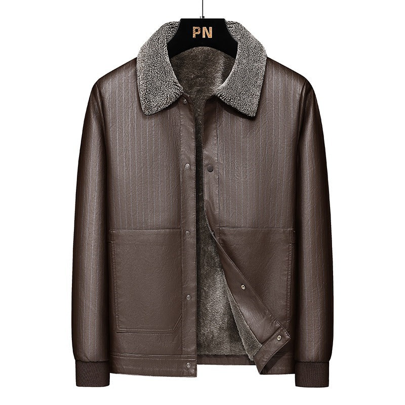 Męski Imitacja skóry Blouson z Sherpa Kołnierz, Ciepły Teddy Podszewka i Pinstripe Detal