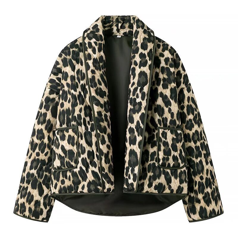 Damska ocieplana krótka kurtka in Leopard Print z Shawl kołnierzem i z naszywanymi kieszeniami Lumaza