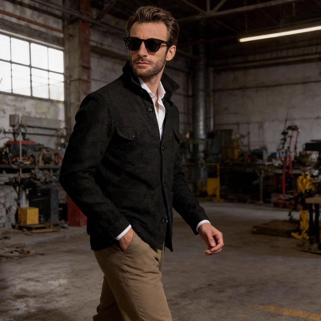 Męski Lekki Kurtka field wykonany z Cotton-Linen z Flap Kieszenie