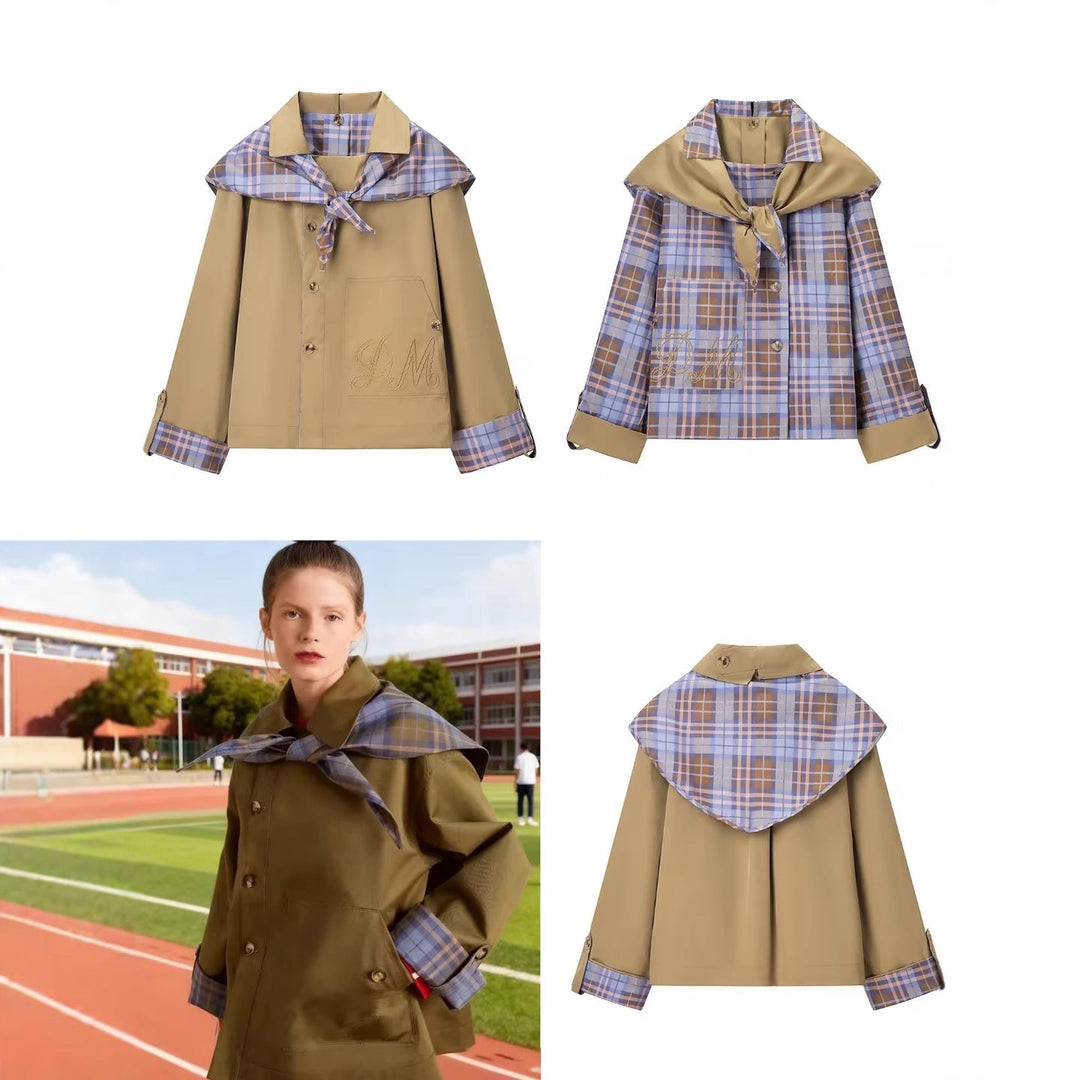 Damska krótka kurtka w trench-cape mieszanka z w kratę kołnierz szalowy bow
