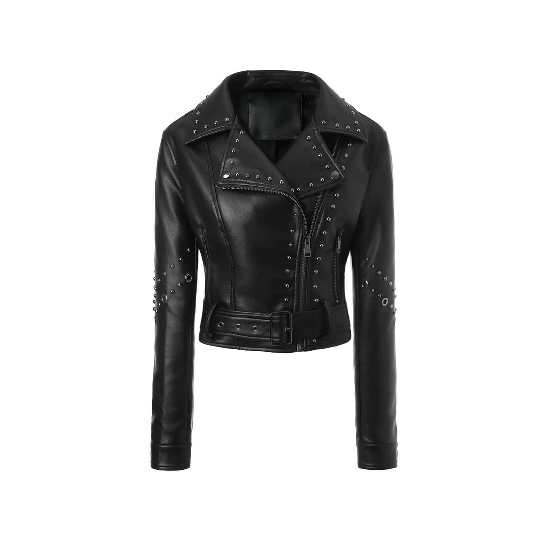 Damska krótka Studded Biker kurtka z Waist paskiem Lumaza