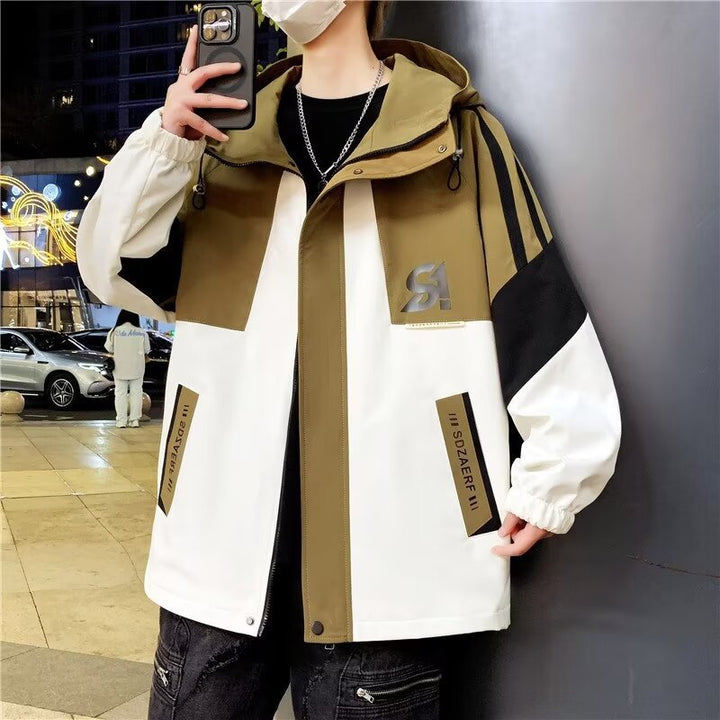 Męski Colourblock Utility Outdoorowy Kurtka z Kaptur, Kontrastowy Paski i Ukryty Zamek