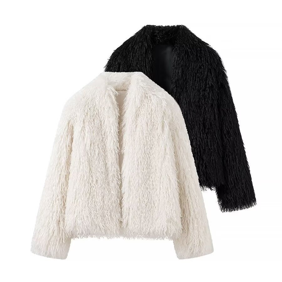 Damska krótka Plush Faux Fur kurtka z Voluminous Texture Lumaza