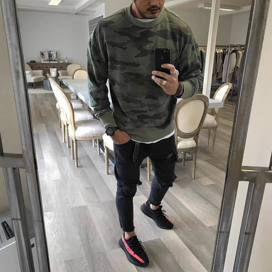 Męska Oversize Camouflage Bluza z Okrągły Dekolt i Prążkowane mankiety
