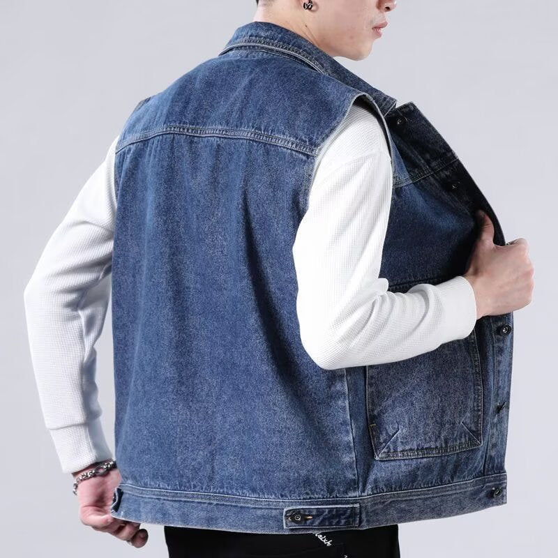 Męski Bez rękawów Jeans Roboczy Kamizelka z Flap Kieszenie i Boxy Krój