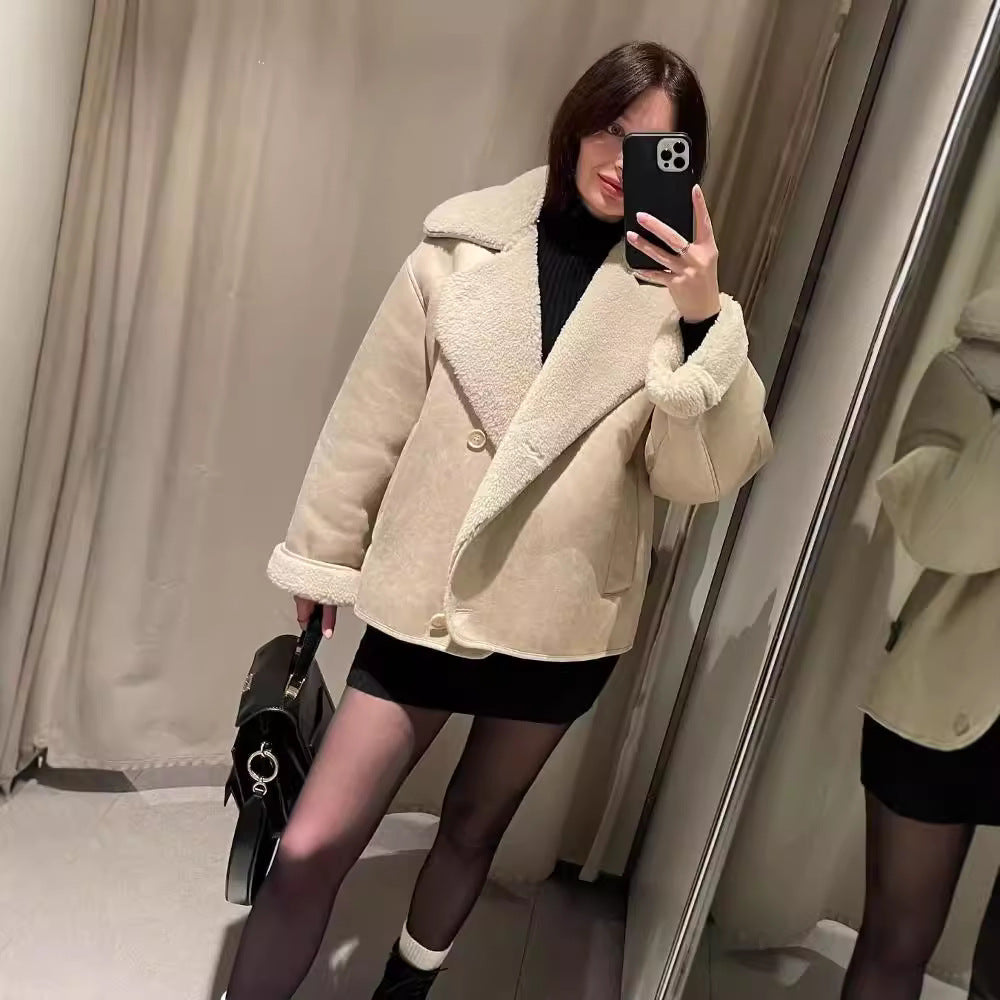 Damska boxy kurtka made of Faux Shearling z dużymi Teddy kołnierzem i Side kieszeniami Lumaza