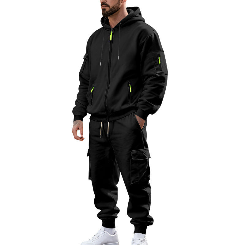 Męska nano miejski funkcjonalny cargo sweat set z bluza z kapturem, zippered Kieszenie, i tapered cargo jogger