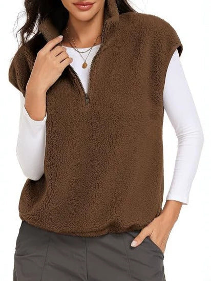 Damskie Sleeveless Teddy Polar Kamizelka z Half Zamek i Stójka