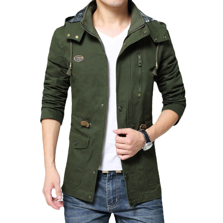 Męski lekki bawełna military parka z kaptur, sznurek regulacyjny waist, i ukryty zamek