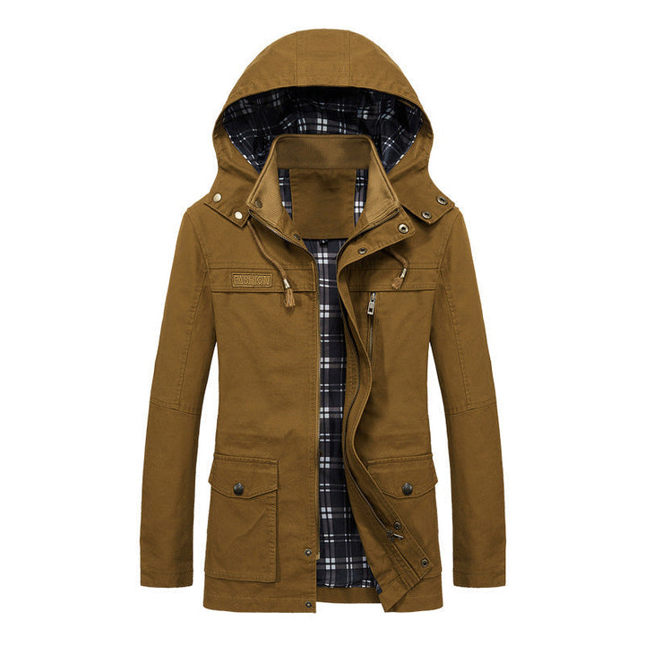 Męski Płótno Field Parka z Kaptur, Checked Podszewka i Multi-function Kieszenie