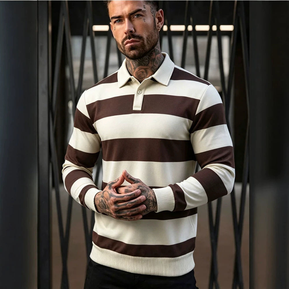 Męska striped rugby polo sweter z Listwa guzikowa i prążkowane mankiety