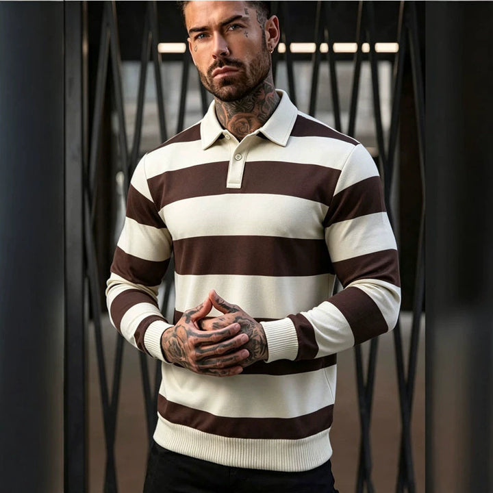 Męska striped rugby polo sweter z Listwa guzikowa i prążkowane mankiety