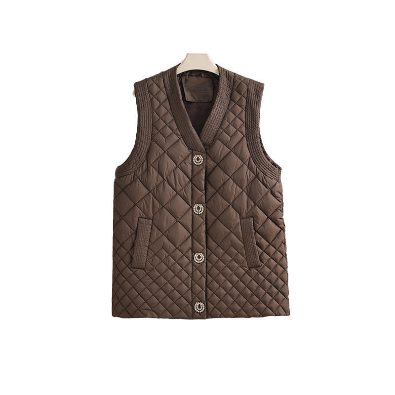Damska nano pikowana kamizelka z decorative guzikami i V-neck Lumaza