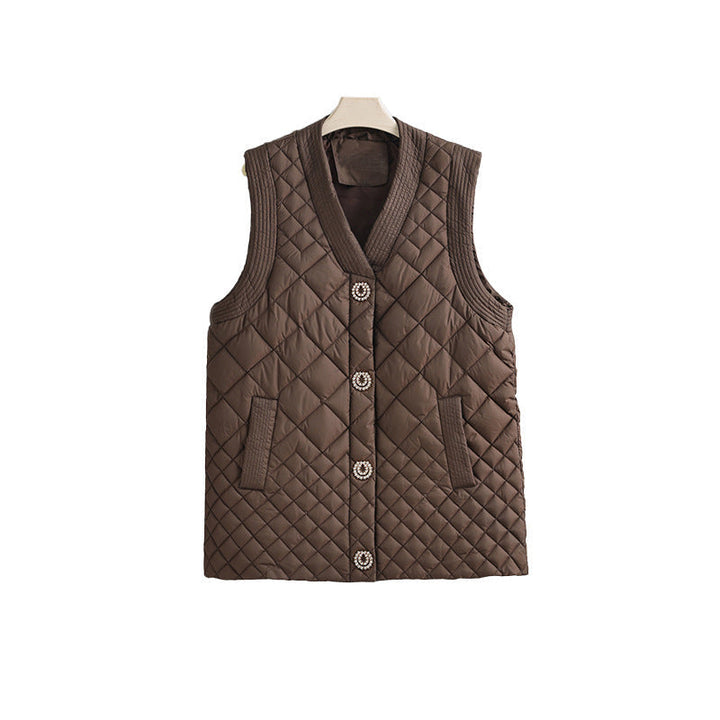 Damska nano pikowana kamizelka z decorative guzikami i V-neck Lumaza