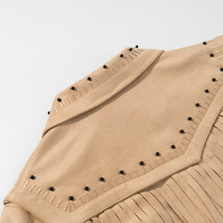 Damska krótka Fringe Suede kurtka in Western styl z Studded Accents i przodem zamkiem błyskawicznym Lumaza