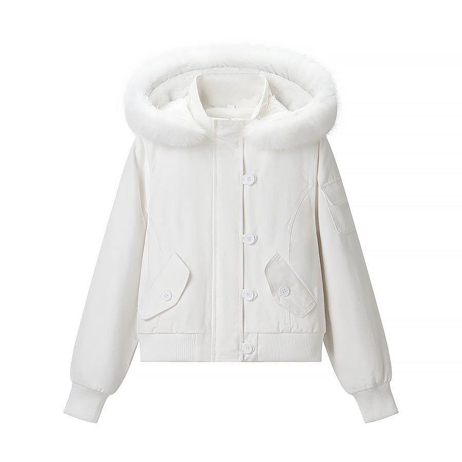 Damska krótka kurtka z ocieplana lining, hood z faux fur trim i ribbed dołem Lumaza