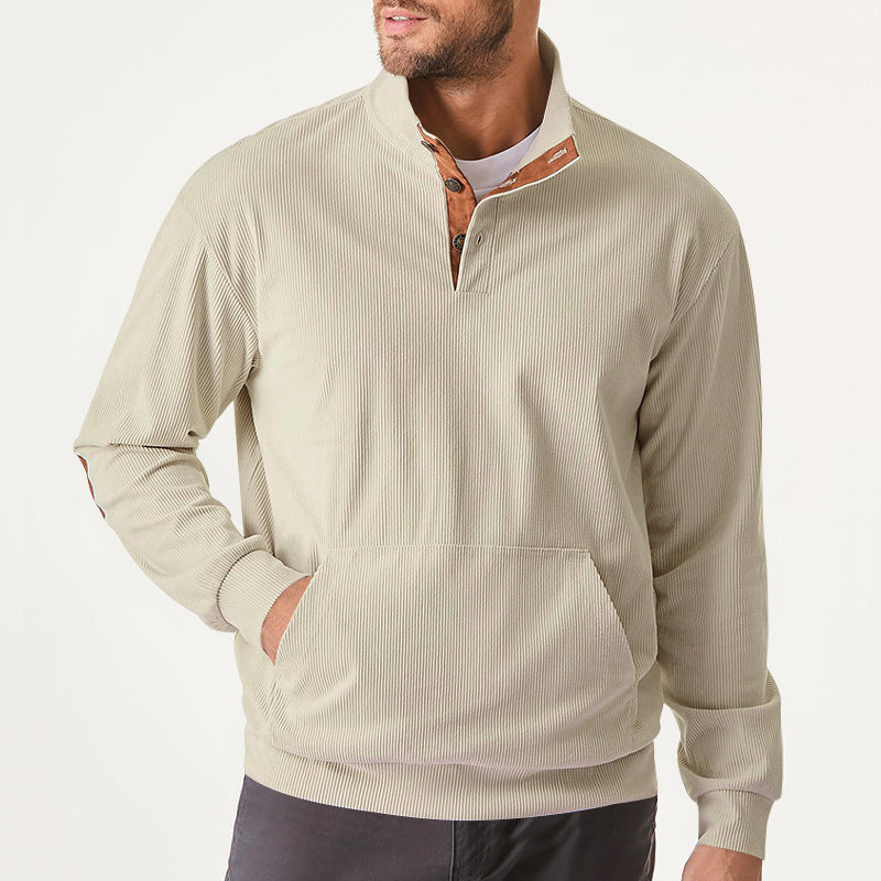 Męska Strukturalny Prążkowany Henley Bluza z Stójka, Kieszeń kangurka &amp; Aksamit Elbow Patches
