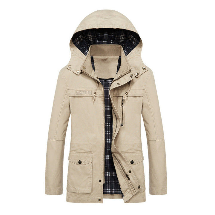 Męski Płótno Field Parka z Kaptur, Checked Podszewka i Multi-function Kieszenie