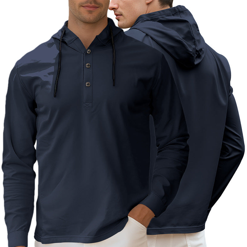 Męska Z kapturem Henley Długa Rękaw Koszula wykonana z Lekka stretch jersey z ściągacz
