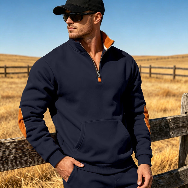 Męska Athletic Krótki zamek Bluza z Elbow Patches i Kieszeń kangurka
