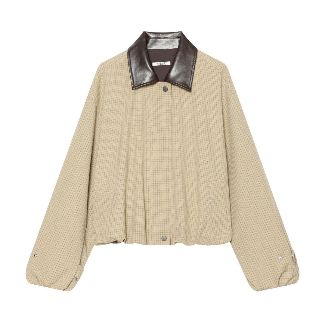 Damska Oversize Boxy Kurtka z Wzór w kratę, Imitacja skóry Lapel i Ściągacz Dół