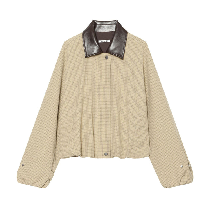 Damska Oversize Boxy Kurtka z Wzór w kratę, Imitacja skóry Lapel i Ściągacz Dół