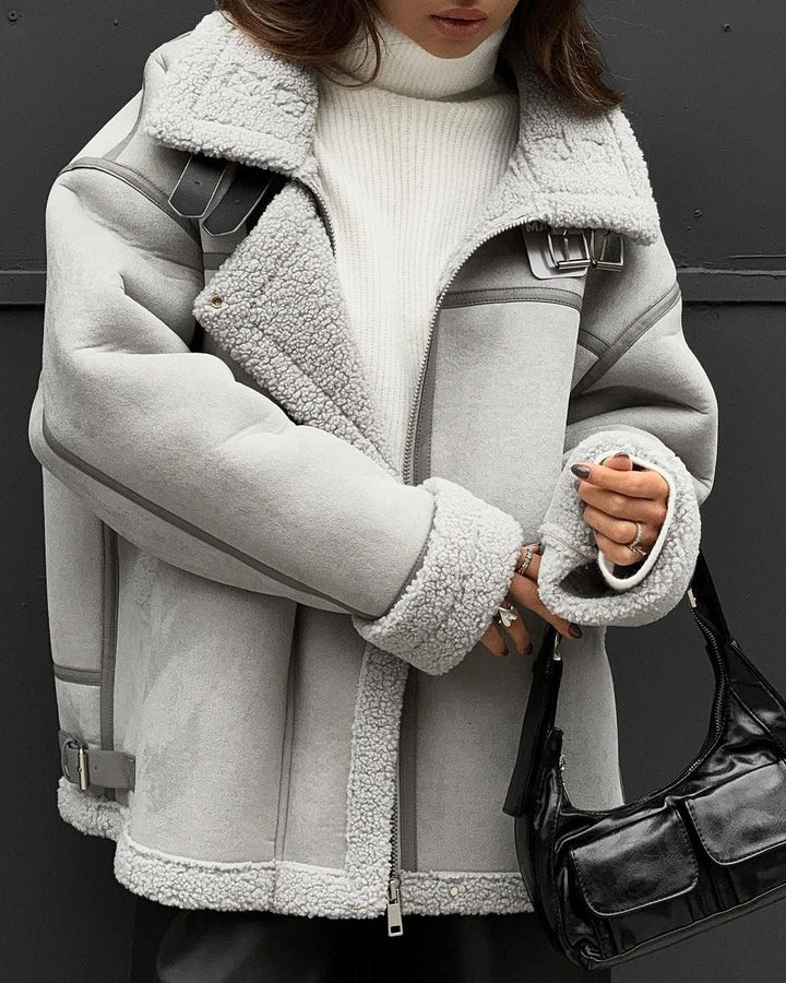 Damska Wide Cut Lambskin Imitation Flight kurtka z Faux Fur Lining Lumaza