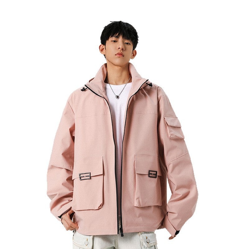 Męski Oversize Utility Kurtka z Technical Softshell, Kaptur i Wiele Kieszenie
