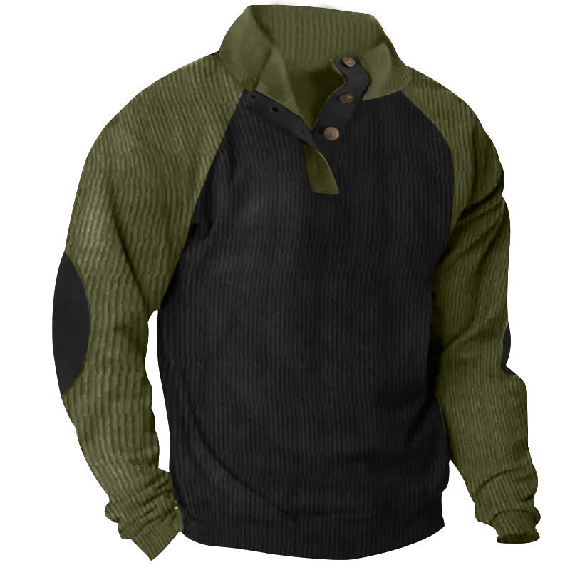 Męska Strukturalny Raglanowy Henley Pulower z Stójka, Elbow Patches &amp; Listwa guzikowa