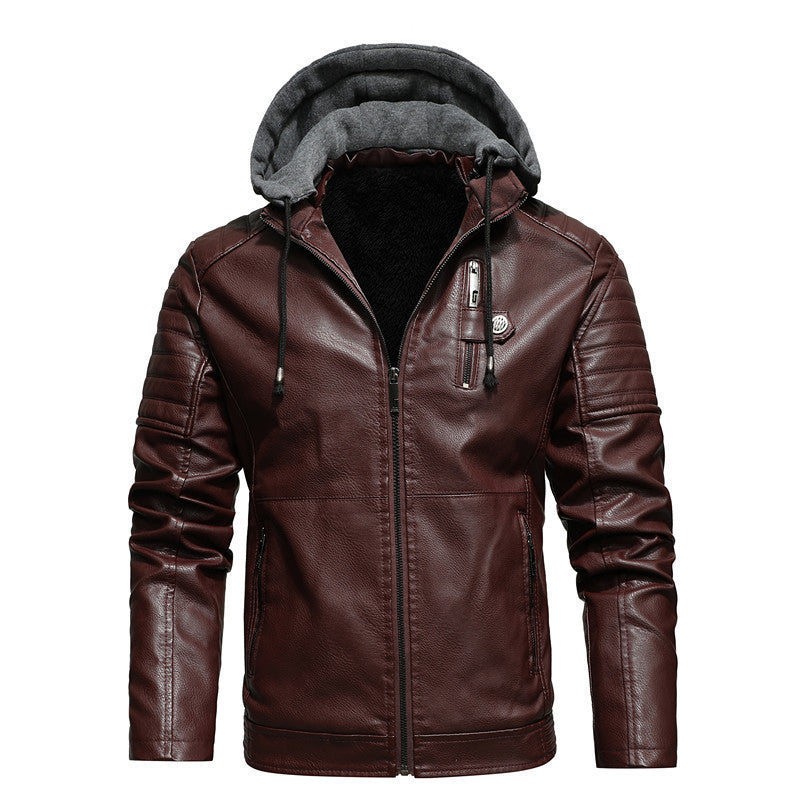 Męski Imitacja skóry Hoodie Blouson z Teddy Podszewka, Pikowany Rękaw Yoke i Kaptur Layer