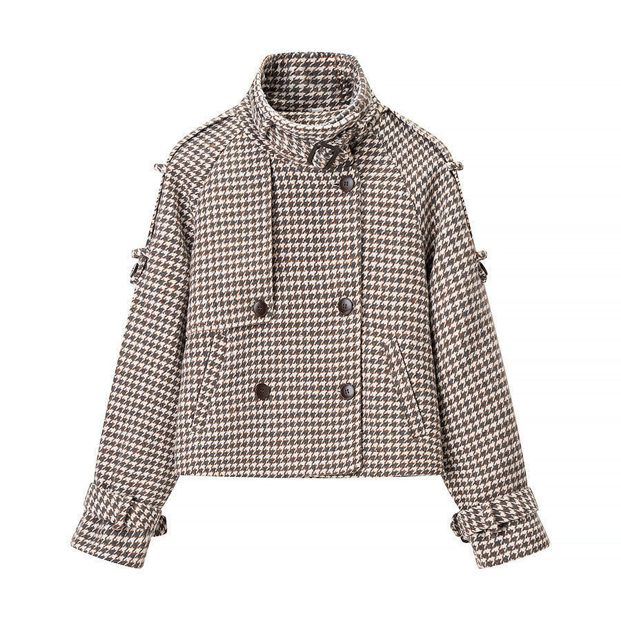 Damska oversize trencz z Houndstooth Pattern, wysoka stójka kołnierzem i na ramiona Epaulettes Lumaza