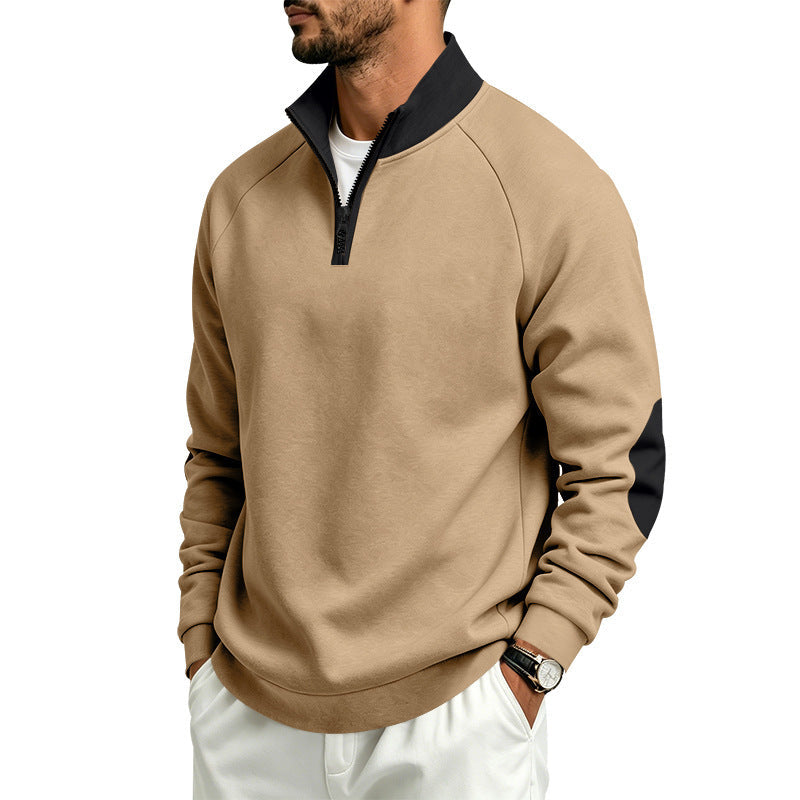 Męska bluza z krótki zamek, kontrastowy Kołnierz i elbow patches