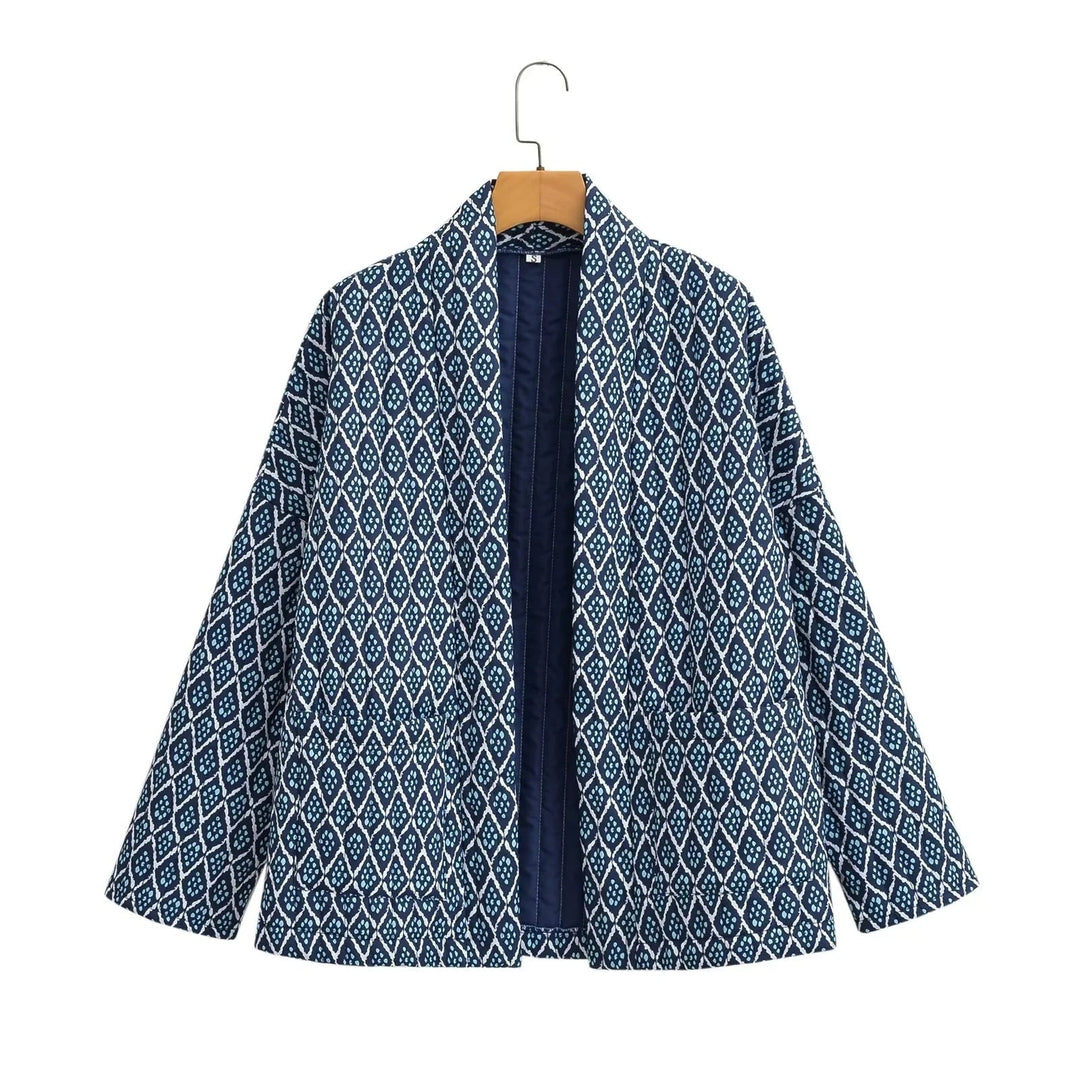Damska wzorzysta kimono pikowana kurtka z otwartym przodem i z naszywanymi kieszeniami Lumaza