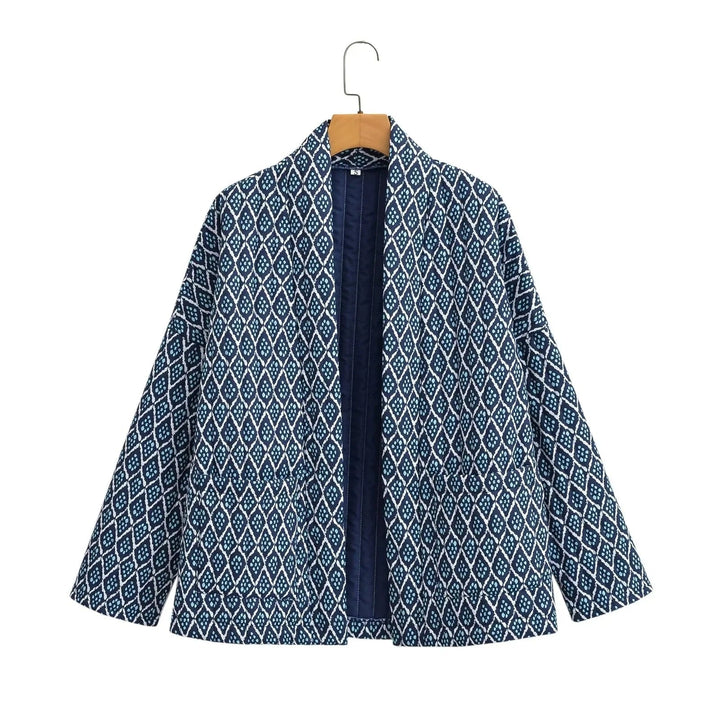 Damska wzorzysta kimono pikowana kurtka z otwartym przodem i z naszywanymi kieszeniami Lumaza