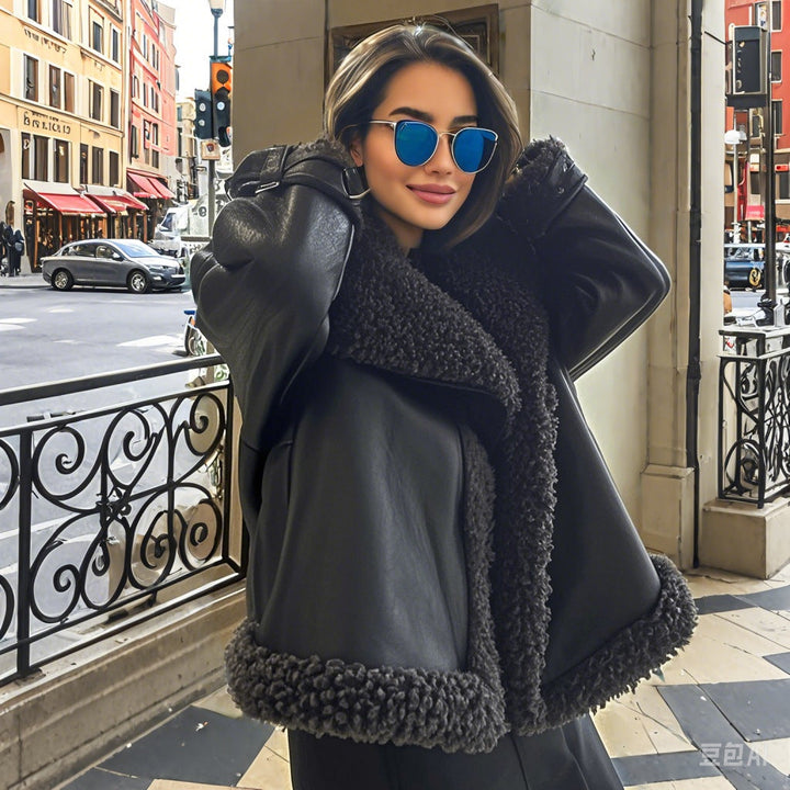 Damska krótka aviator leather kurtka z teddy lining, dużymi kołnierzem, i oversize silhouette Lumaza