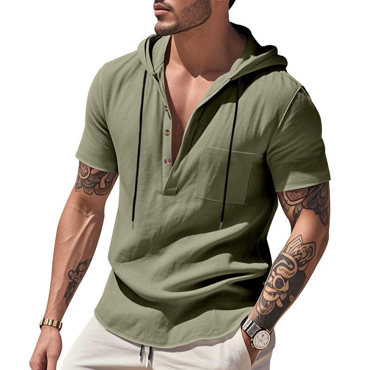 Męska Lekka krótka-sleeve z kapturem Henley wykonana z single jersey z klatka piersiowa kieszeń i kontrastowy ściągacz