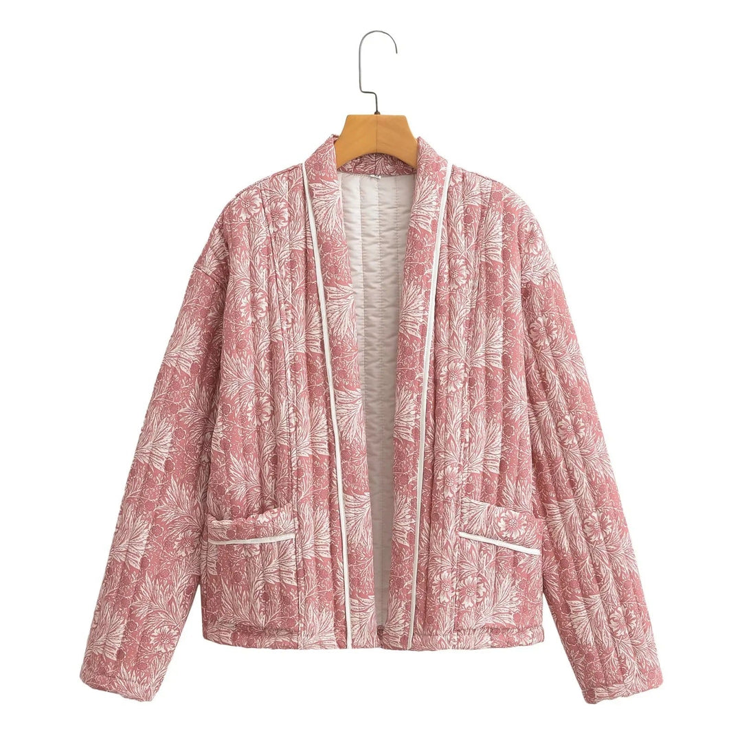 Damska Light pikowana kurtka in kimono styl z kwiatowa Block Print i kontrastowy Piping Lumaza